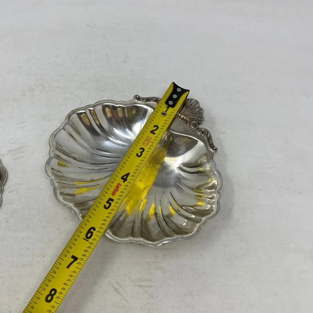 Vintage Silver Tone Scallop Shell Trinket Dish Set of 2 Footed Catchall 6in